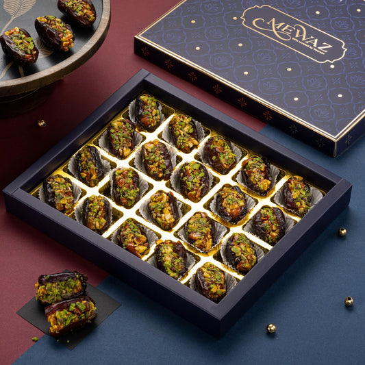 Mewaz Kesar Pista Stuffed Dates. Luxury Gourmet Mithai