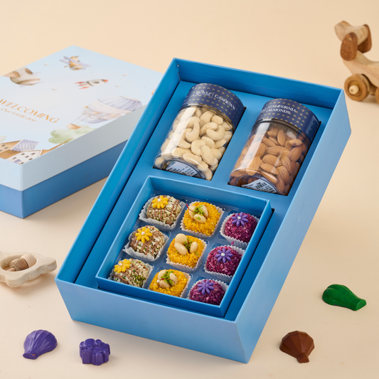 A Boys World Premium Gift Box - 180g Cashews + 180g Almonds + 9pc Dryfruit Mithai