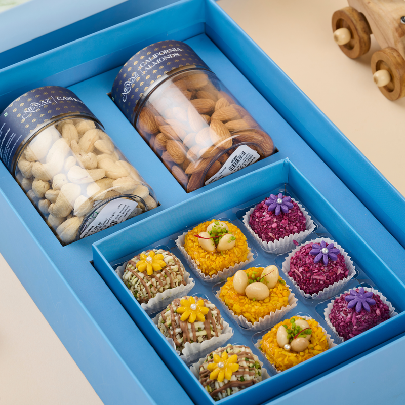 A Boys World Premium Gift Box - 180g Cashews + 180g Almonds + 9pc Dryfruit Mithai